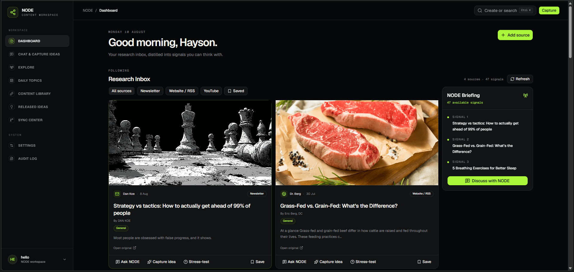 NODE dashboard showing its research inbox, source filters and briefing panel